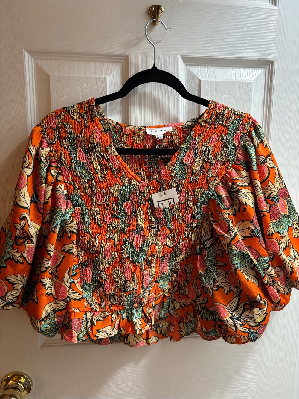 THML ❤️ NWT - Women's Orange Floral Smocked Peasant Top